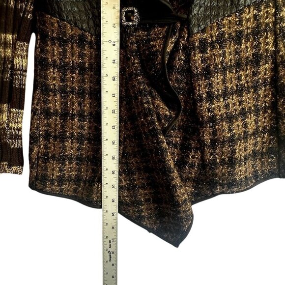 Aris A USA Black Brown Mixed Media Tweed Knit Faux leather Womens Cardigan Sz M - Picture 10 of 12